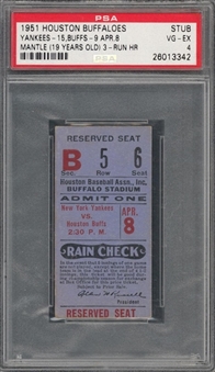 1951 Houston Buffaloes Vs Yankees April 8, 1951 Ticket Stub - 19 Year Old Mickey Mantle 3-Run Home Run - PSA 4 VG-EX